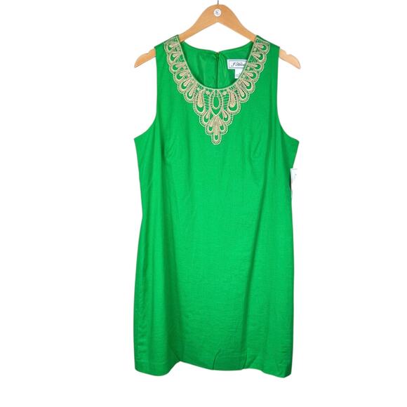 J Howard NWT Kelly Green Linen Blend Gold Lace Trim Sleeveless Shift Dress - Picture 8 of 12